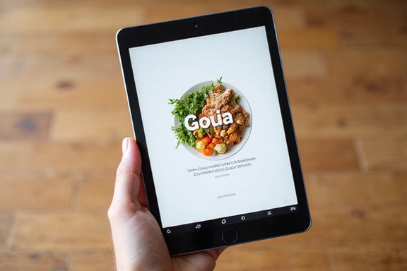 Mano sosteniendo un ebook digital con un diseño moderno de nutrición.