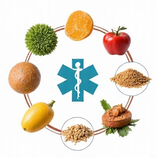 Icono de nutrición para condiciones específicas, mostrando símbolos médicos junto a alimentos saludables.