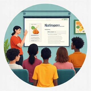 Icono de talleres y charlas educativas, mostrando un grupo de personas aprendiendo sobre nutrición.