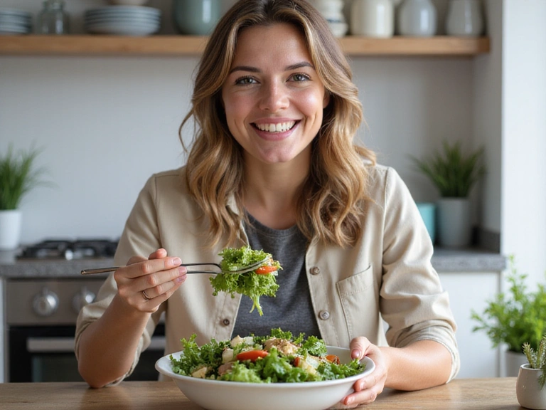 Mujer sonriendo mientras come una ensalada saludable